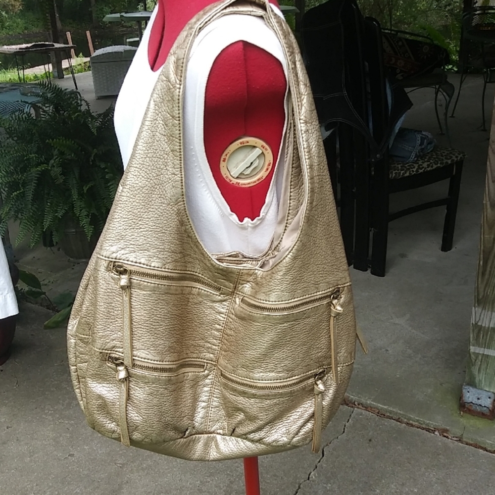 Gold Pebbled Metallic Hobo Vegan Shoulder Bag